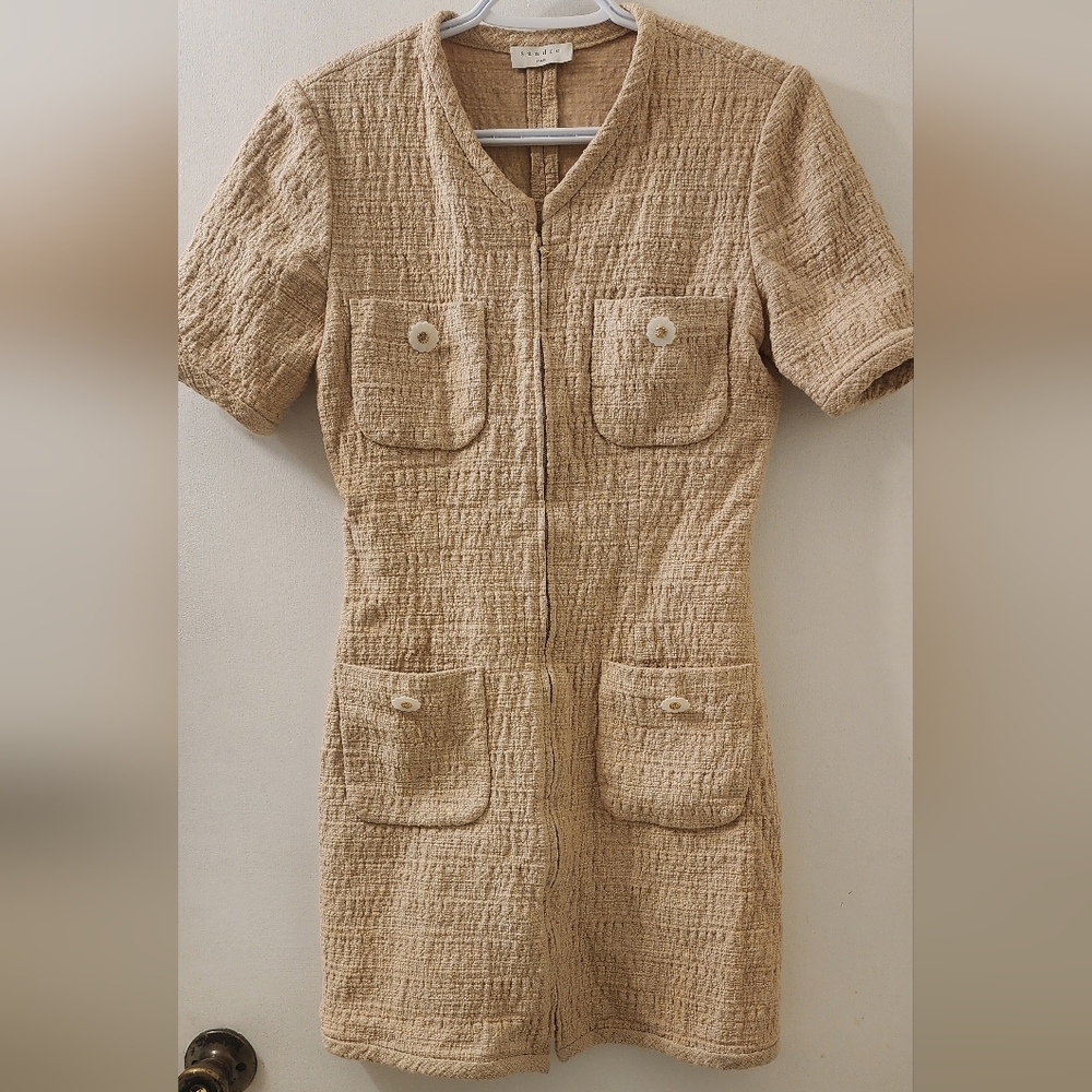 Sandro Paris Women's‎ Tweed Tan Textured Short Sleeve Dress, Size 36.